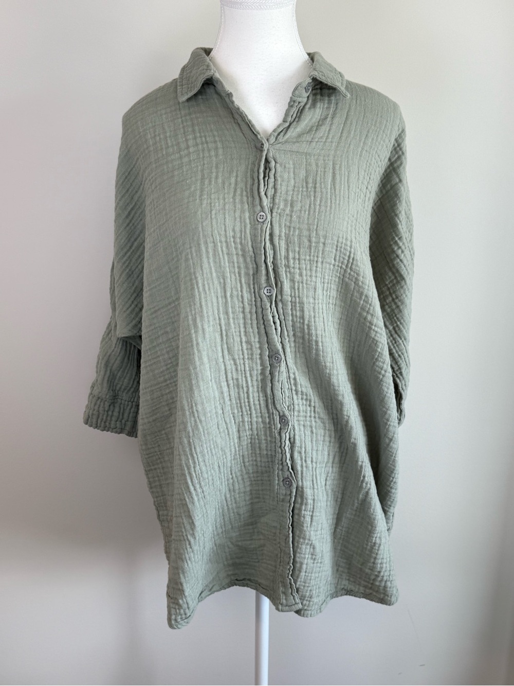 ICHI Sage Green Cotton Gauze Oversized Button Up Shirt Size L - Picture 2 of 5